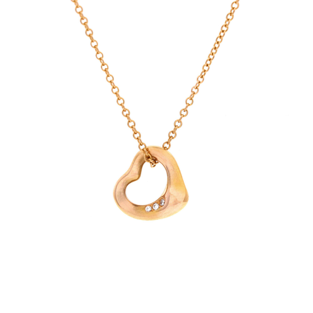 Tiffany & Co. 11mm Elsa Peretti Open Heart 3 Diamonds Pendant Necklace